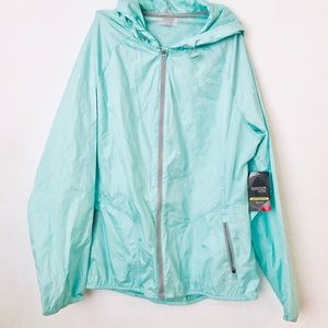 Light blue zip up wind breaker hooded jacket